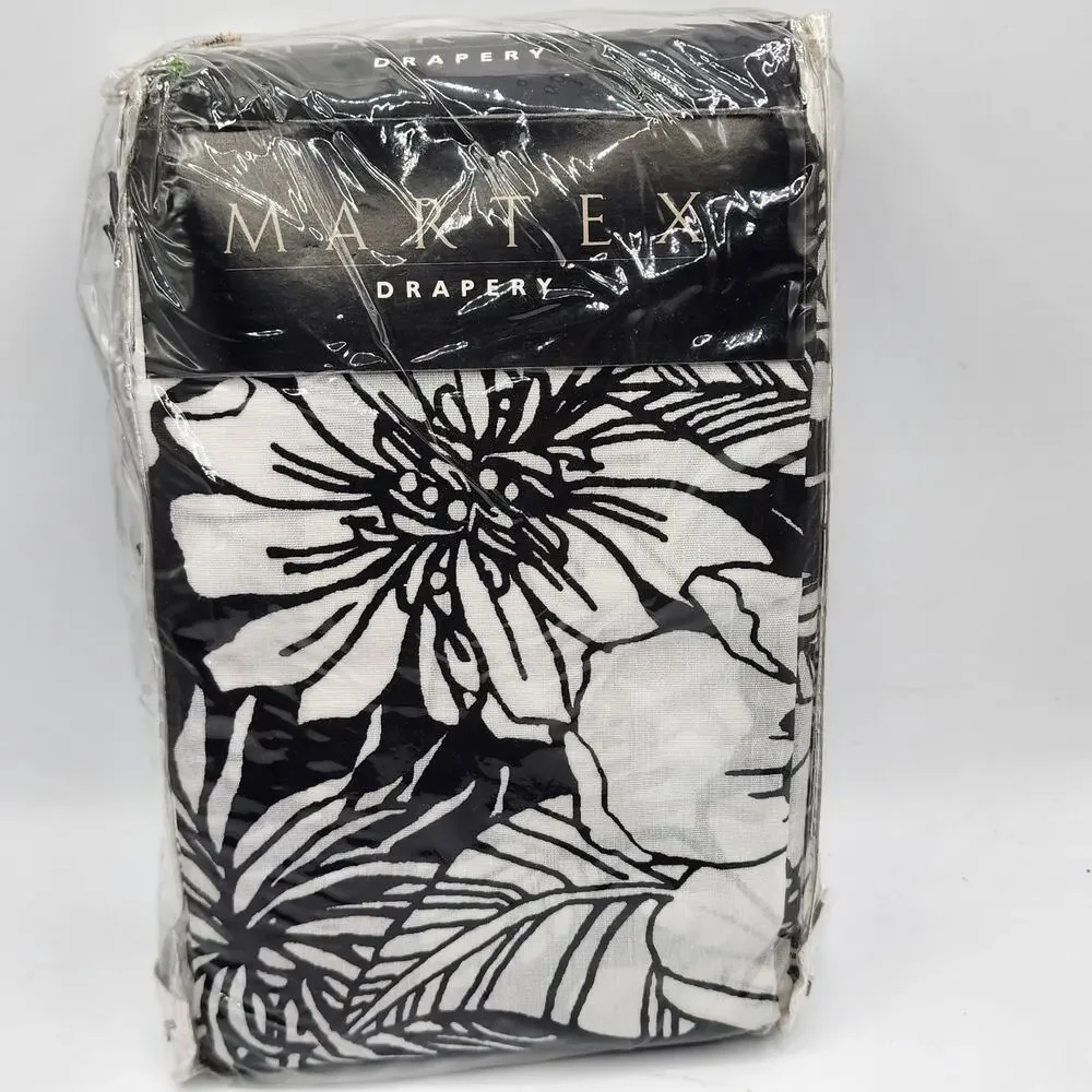 VTG Martex Catalina Black White Floral Rod Pocket Drapes Curtains 84x84 Tiebacks